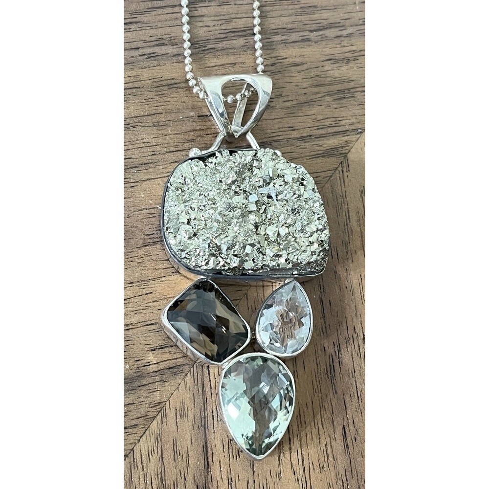 VTG Estate 925 Sterling Druzy Quartz Green Amethyst Moissanite Pendant Necklace